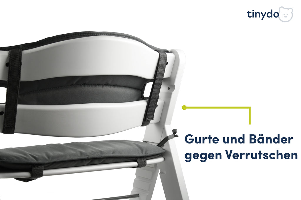 Gurte und Bänder gegen Verrutschen am dunkelgrauen Tinydo Sitzkissen passend für Hauck Alpha