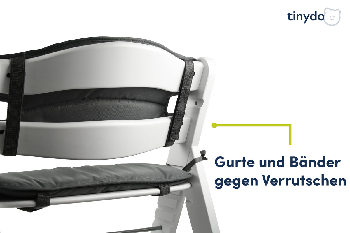 Gurte und Bänder gegen Verrutschen am dunkelgrauen Tinydo Sitzkissen passend für Hauck Alpha
