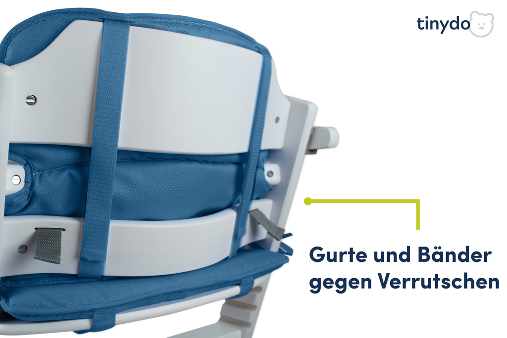 Gurte und Bänder gegen Verrutschen am blauen Tinydo Sitzkissen passend für  Safety 1st Timba