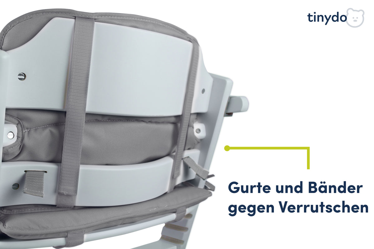 Gurte und Bänder gegen Verrutschen am salbeigrauen Tinydo Sitzkissen passend für  Safety 1st Timba