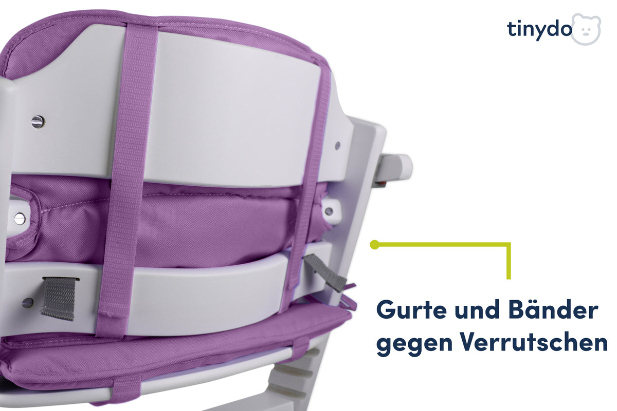 Gurte und Bänder gegen Verrutschen am violetten Tinydo Sitzkissen passend für  Safety 1st Timba