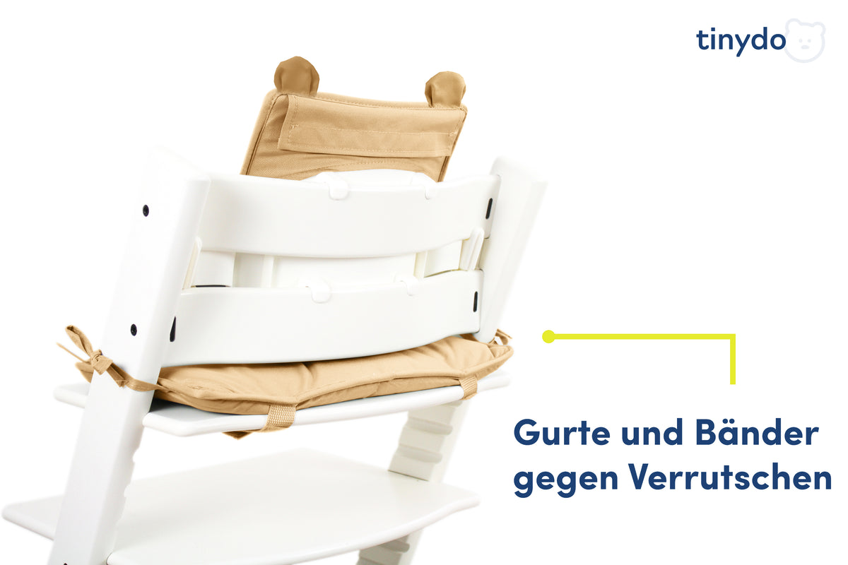 Gurte und Bänder gegen Verrutschen am Tinydo Sitzkissen im Bärchendesign passend für Stokke Tripp Trapp