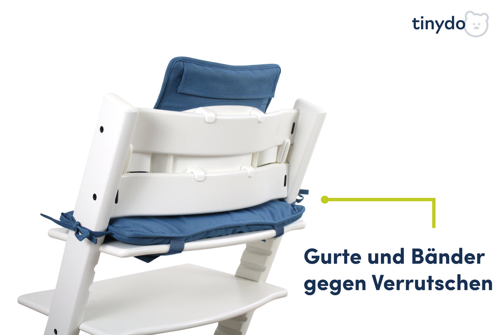 Gurte und Bänder gegen Verrutschen am dunkelblauen Tinydo Sitzkissen passend für Stokke Tripp Trapp