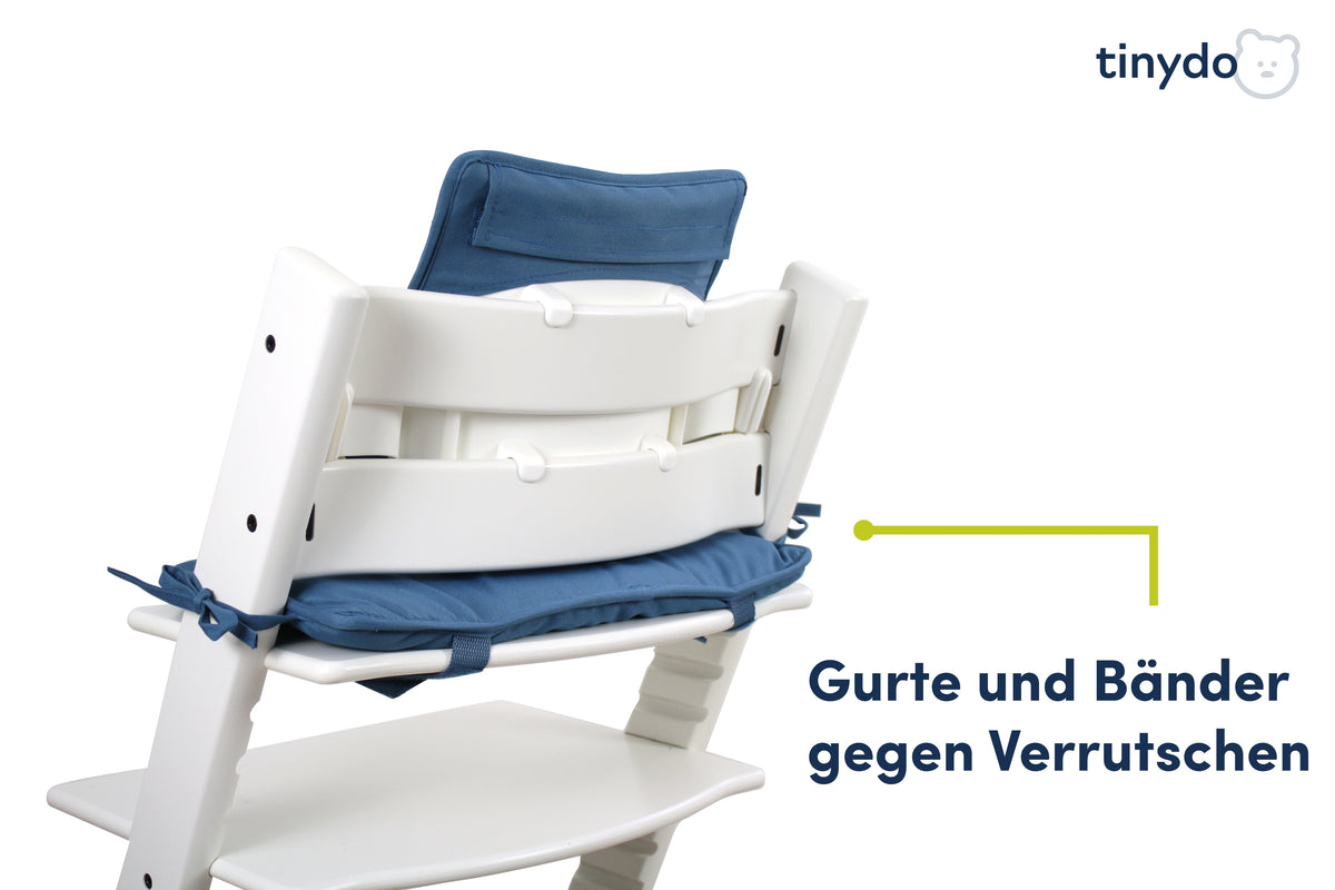 Gurte und Bänder gegen Verrutschen am dunkelblauen Tinydo Sitzkissen passend für Stokke Tripp Trapp
