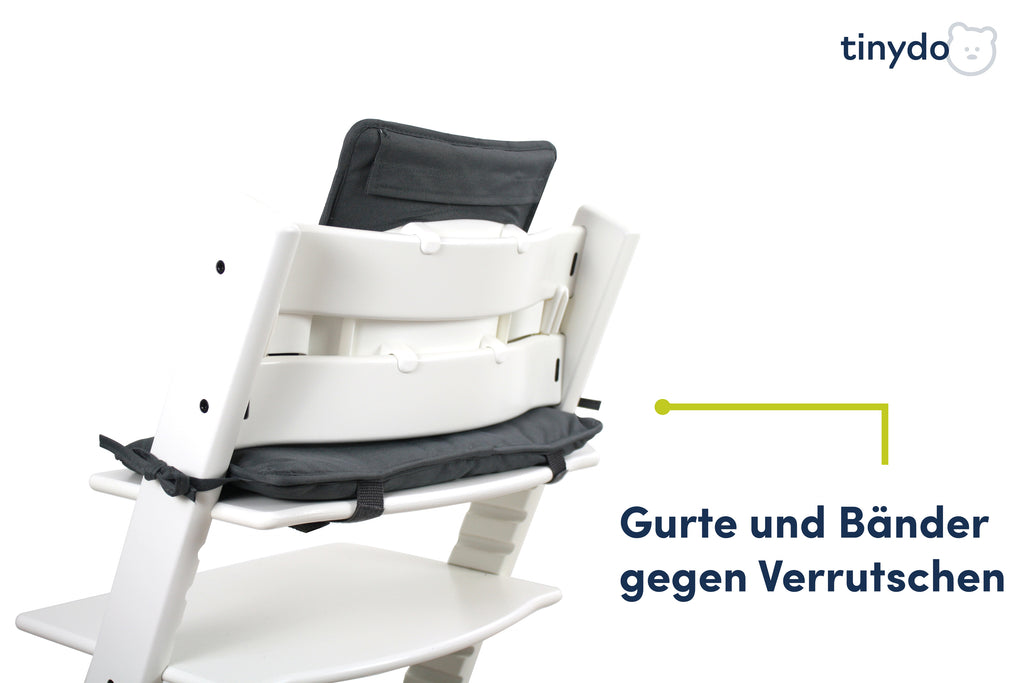 Gurte und Bänder gegen Verrutschen am dunkelgrauen Tinydo Sitzkissen passend für Stokke Tripp Trapp
