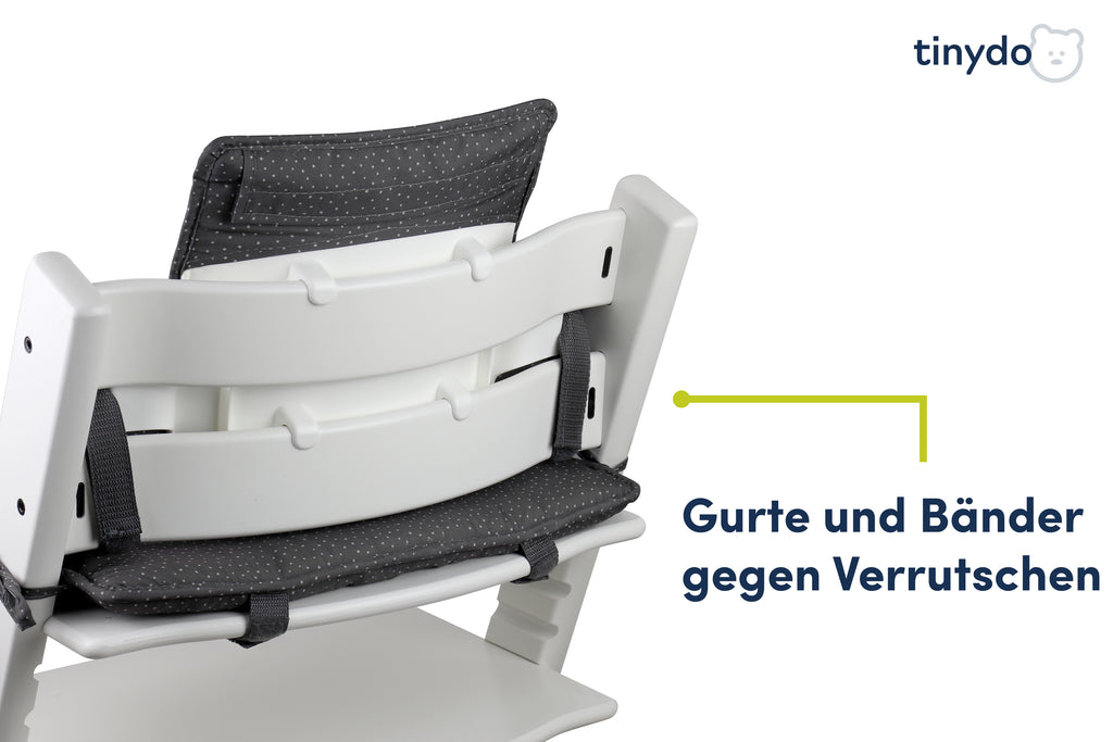 Gurte und Bänder gegen Verrutschen am gepunkteten Tinydo Sitzkissen passend für Stokke Tripp Trapp