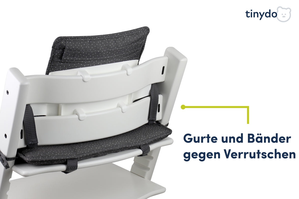 Gurte und Bänder gegen Verrutschen am gepunkteten Tinydo Sitzkissen passend für Stokke Tripp Trapp