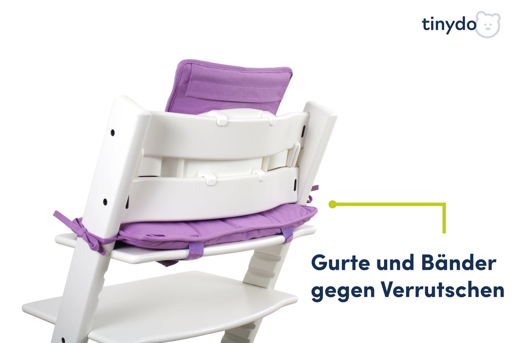 Gurte und Bänder gegen Verrutschen am violetten Tinydo Sitzkissen passend für Stokke Tripp Trapp